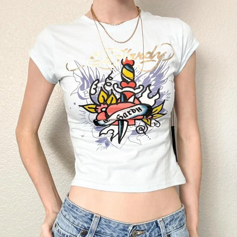 Ed Hardy Top‎ Women's XL Dagger Heart Cap Sleeve Cropped Babydoll Fitted Y2K